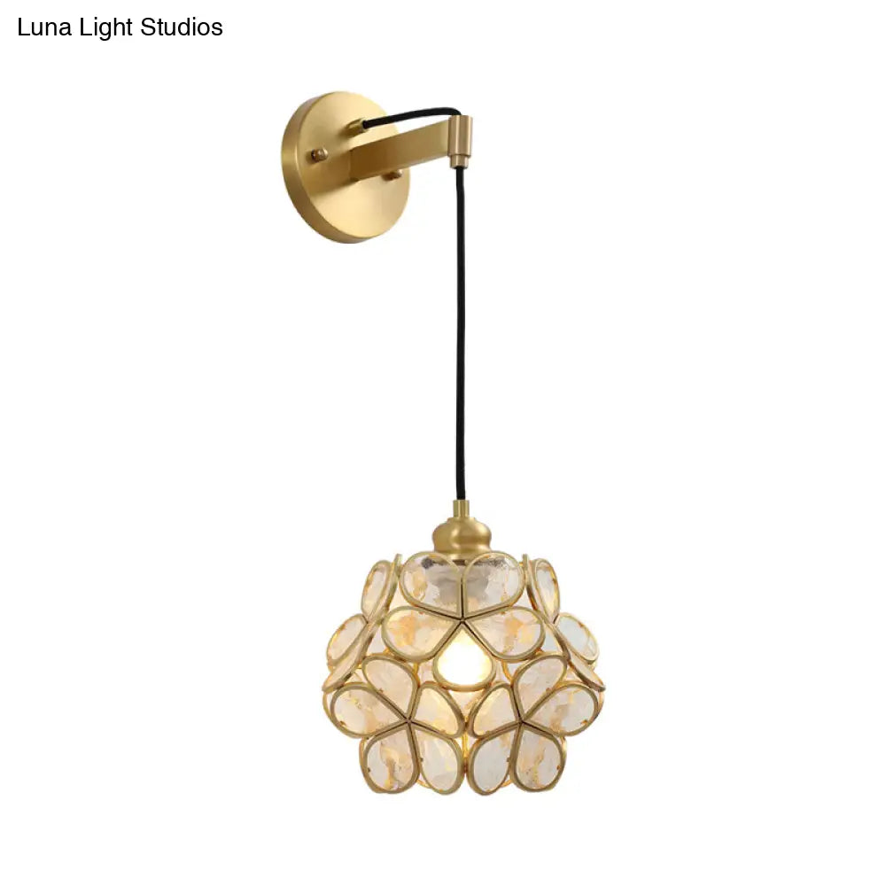 DecorBites™ Modernist 1-Bulb Bedside Sconce Light: Brass Floral Ball Wall Lamp with Glass Shades (Pink/Clear/Light Pink)