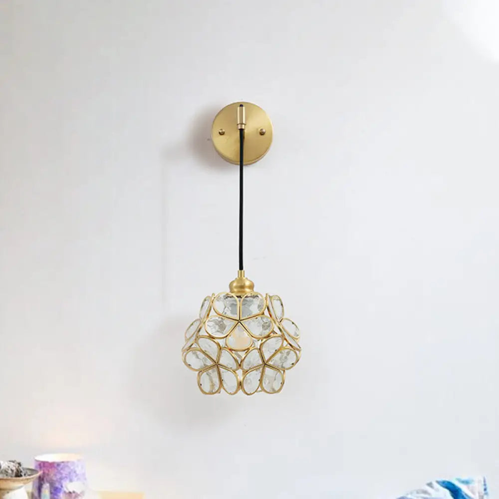 DecorBites™ Modernist 1-Bulb Bedside Sconce Light: Brass Floral Ball Wall Lamp with Glass Shades (Pink/Clear/Light Pink)