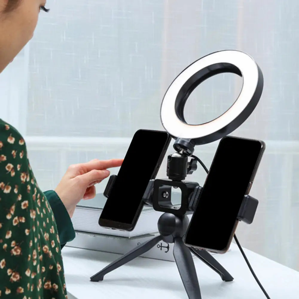 DecorBites™ Modernist Circle Makeup Lamp: Metal Mobile Phone Support with LED Tripod Fill Lighting (Black)