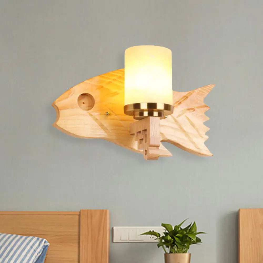 DecorBites™ Modernist Cracked Glass Cylinder Wall Mount Sconce Lamp - 1 Light Bedroom Lighting with Fish Wood Backplate