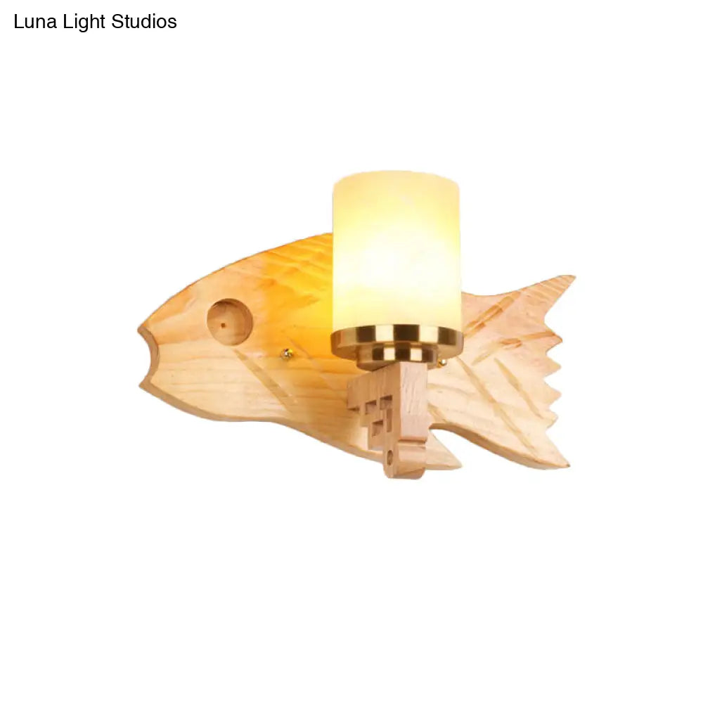 DecorBites™ Modernist Cracked Glass Cylinder Wall Mount Sconce Lamp - 1 Light Bedroom Lighting with Fish Wood Backplate