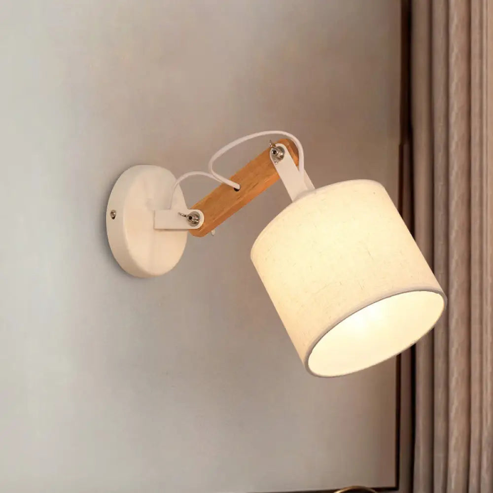 DecorBites™ Modernist Fabric Cylinder Wall Lamp with Adjustable Wood Arm and White Bulb