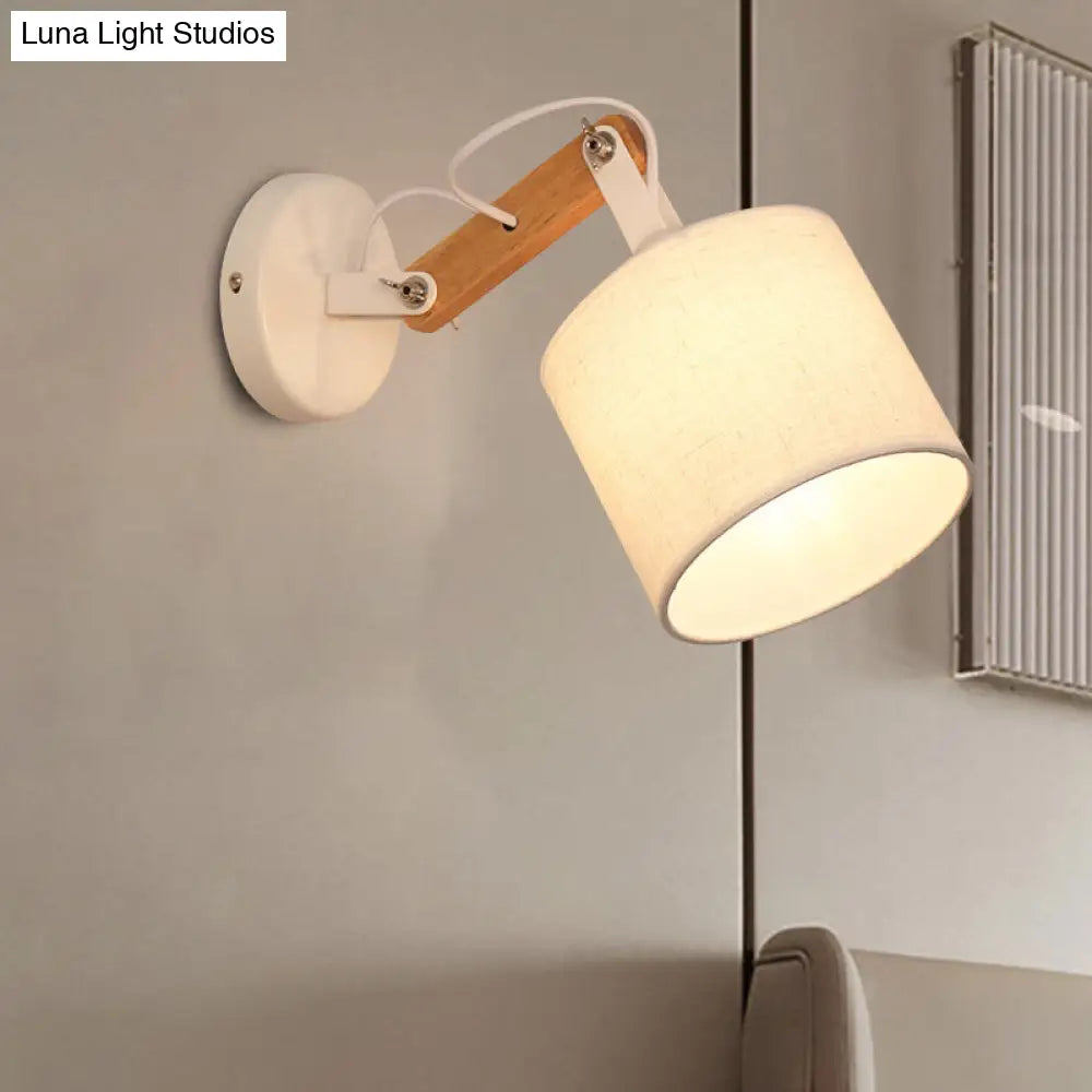 DecorBites™ Modernist Fabric Cylinder Wall Lamp with Adjustable Wood Arm and White Bulb
