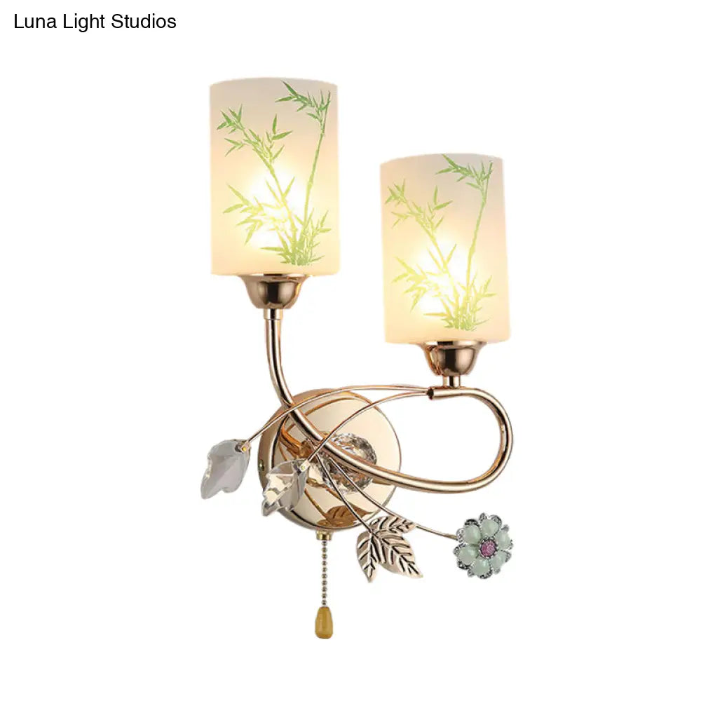 DecorBites™ Modernist Glass Cylinder Sconce with 2 Lights and Gold Pull Chain - Wall Mounted Lamp