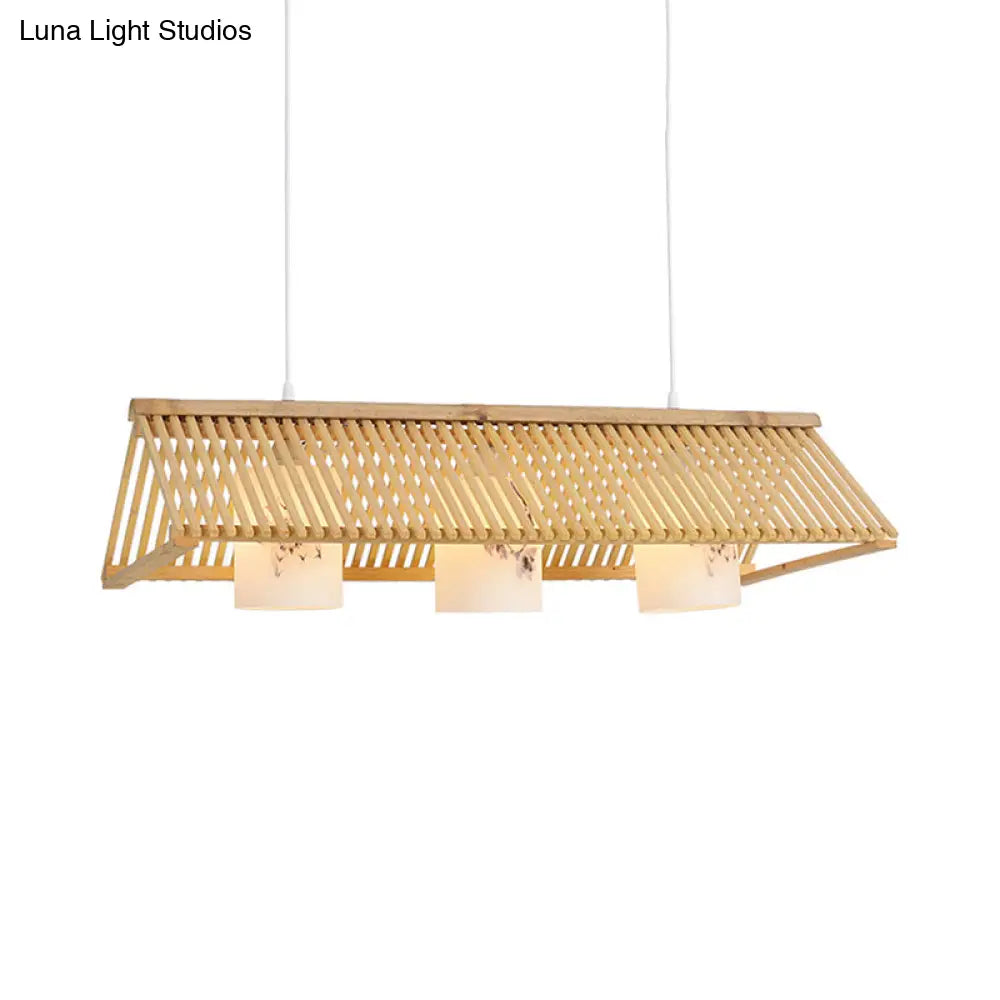 DecorBites™ Modernist Linear Island Lighting Wood 3-Light Dining Room Lamp with White Glass Shade in Beige/Brown
