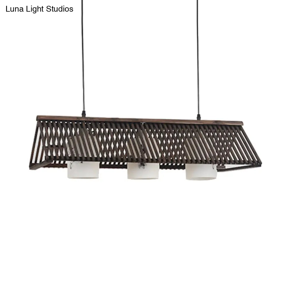 DecorBites™ Modernist Linear Island Lighting Wood 3-Light Dining Room Lamp with White Glass Shade in Beige/Brown
