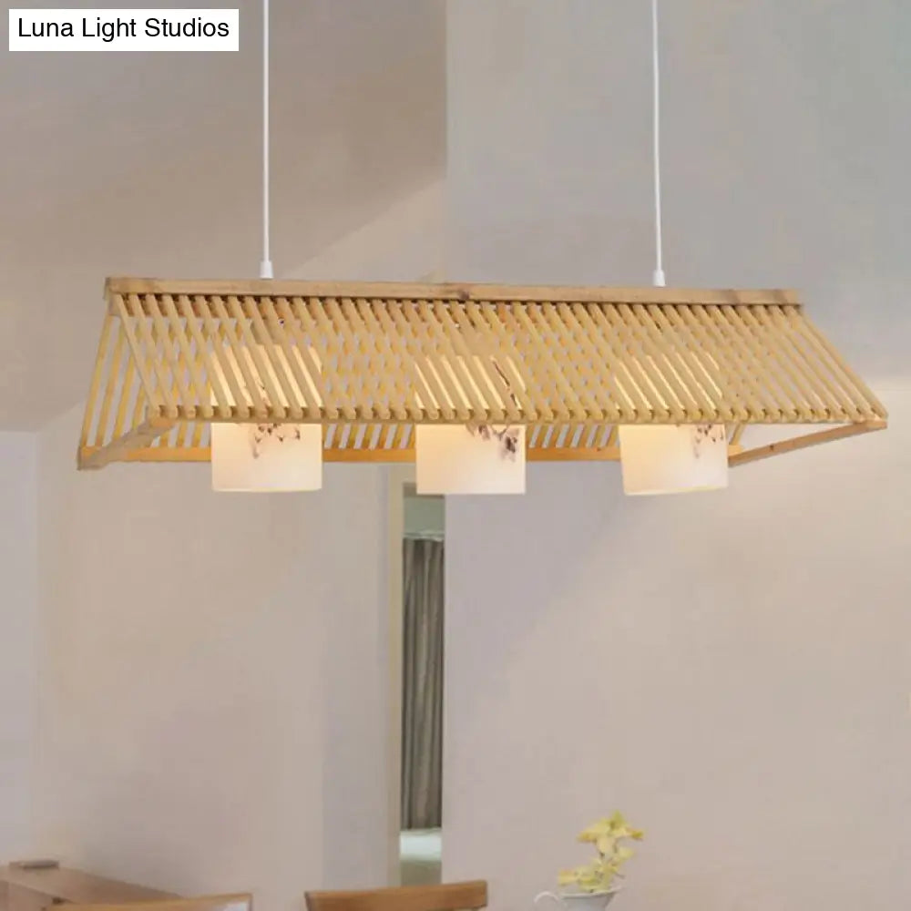 DecorBites™ Modernist Linear Island Lighting Wood 3-Light Dining Room Lamp with White Glass Shade in Beige/Brown