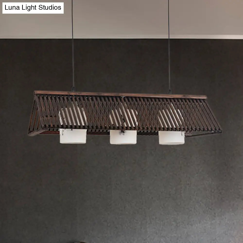 DecorBites™ Modernist Linear Island Lighting Wood 3-Light Dining Room Lamp with White Glass Shade in Beige/Brown