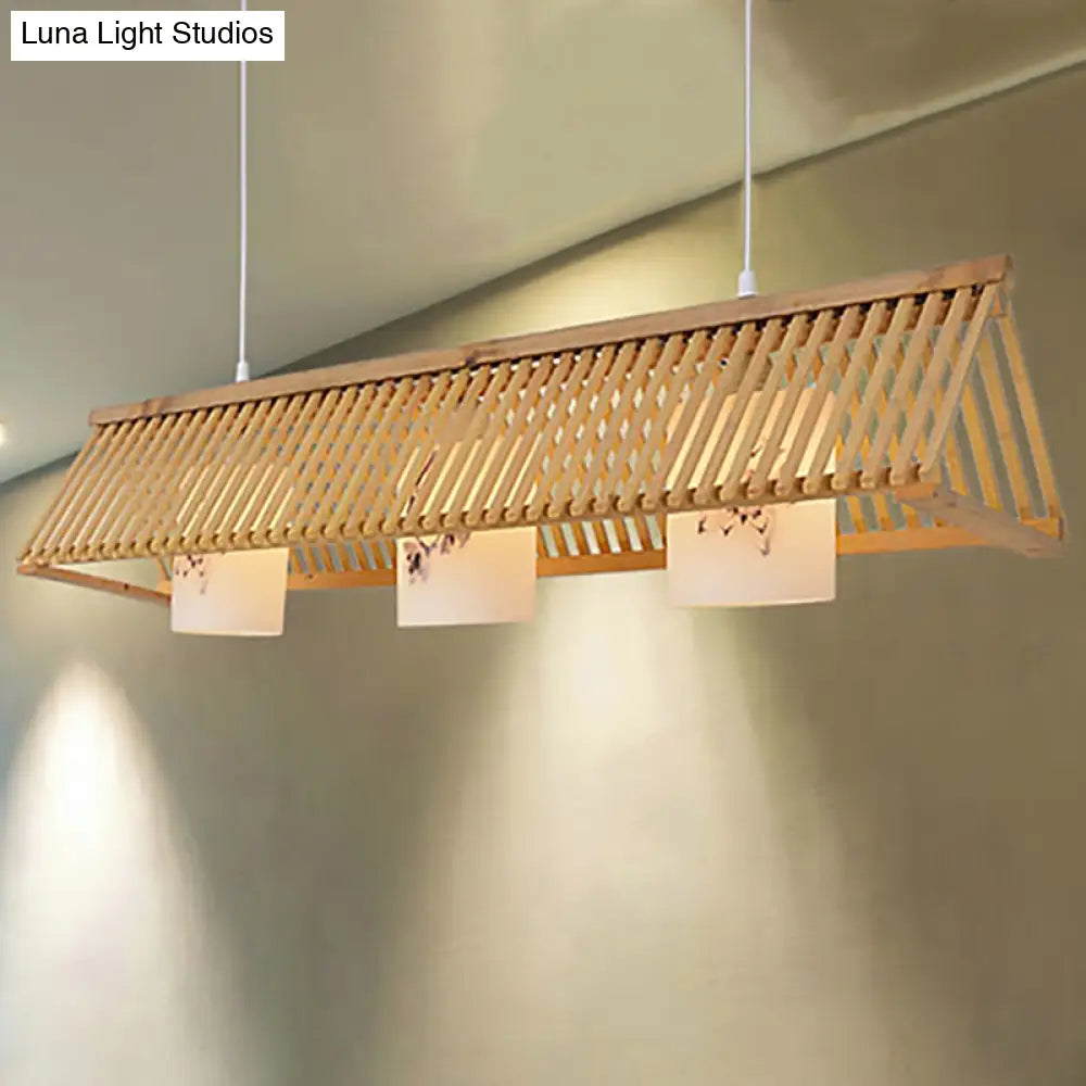 DecorBites™ Modernist Linear Island Lighting Wood 3-Light Dining Room Lamp with White Glass Shade in Beige/Brown