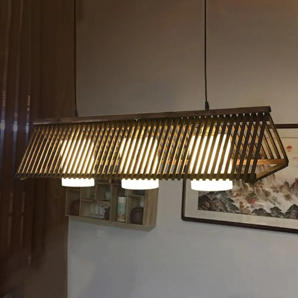DecorBites™ Modernist Linear Island Lighting Wood 3-Light Dining Room Lamp with White Glass Shade in Beige/Brown