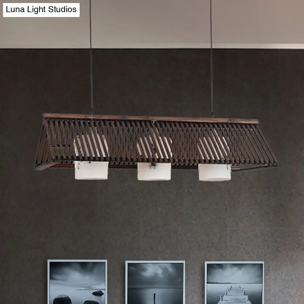 DecorBites™ Modernist Linear Island Lighting Wood 3-Light Dining Room Lamp with White Glass Shade in Beige/Brown