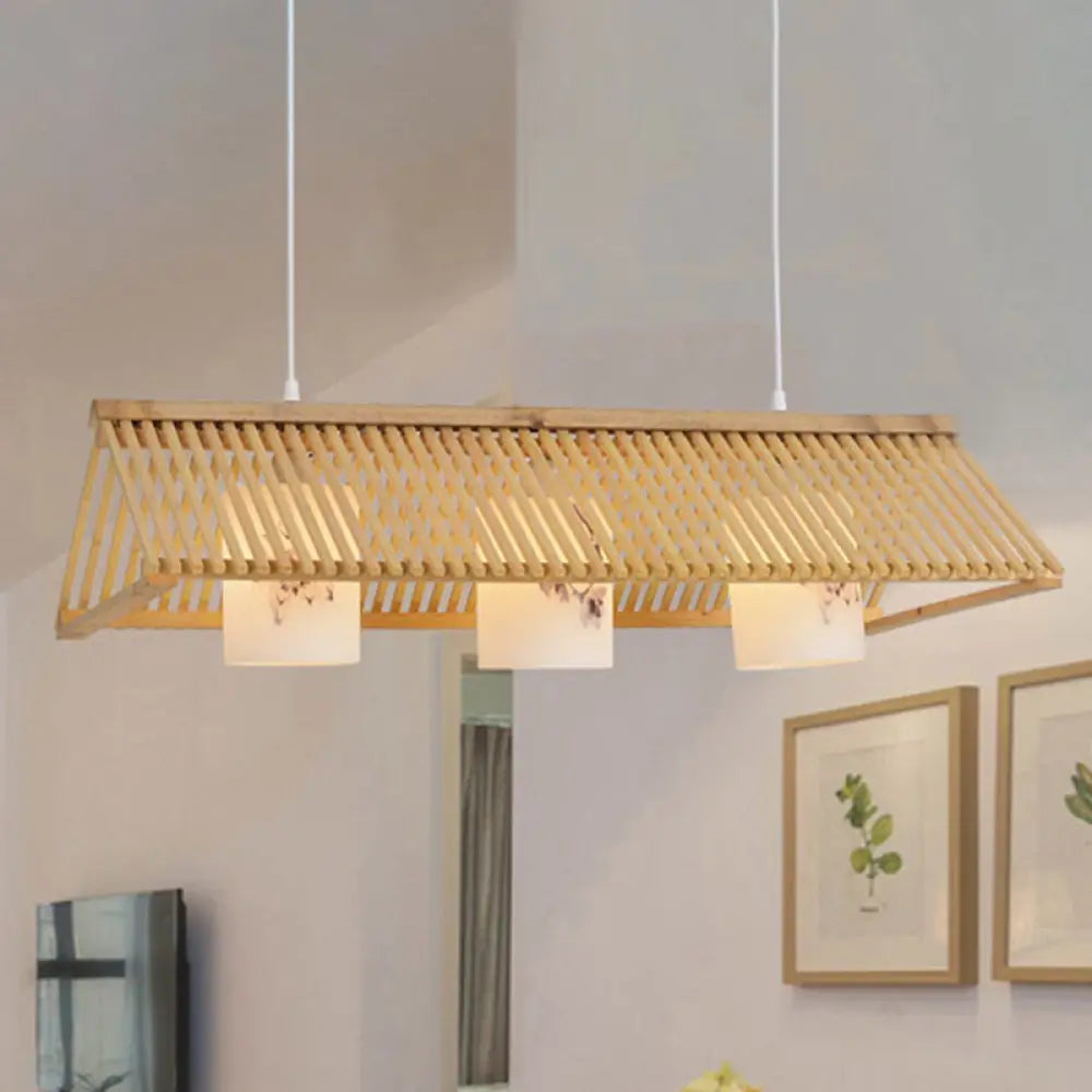DecorBites™ Modernist Linear Island Lighting Wood 3-Light Dining Room Lamp with White Glass Shade in Beige/Brown