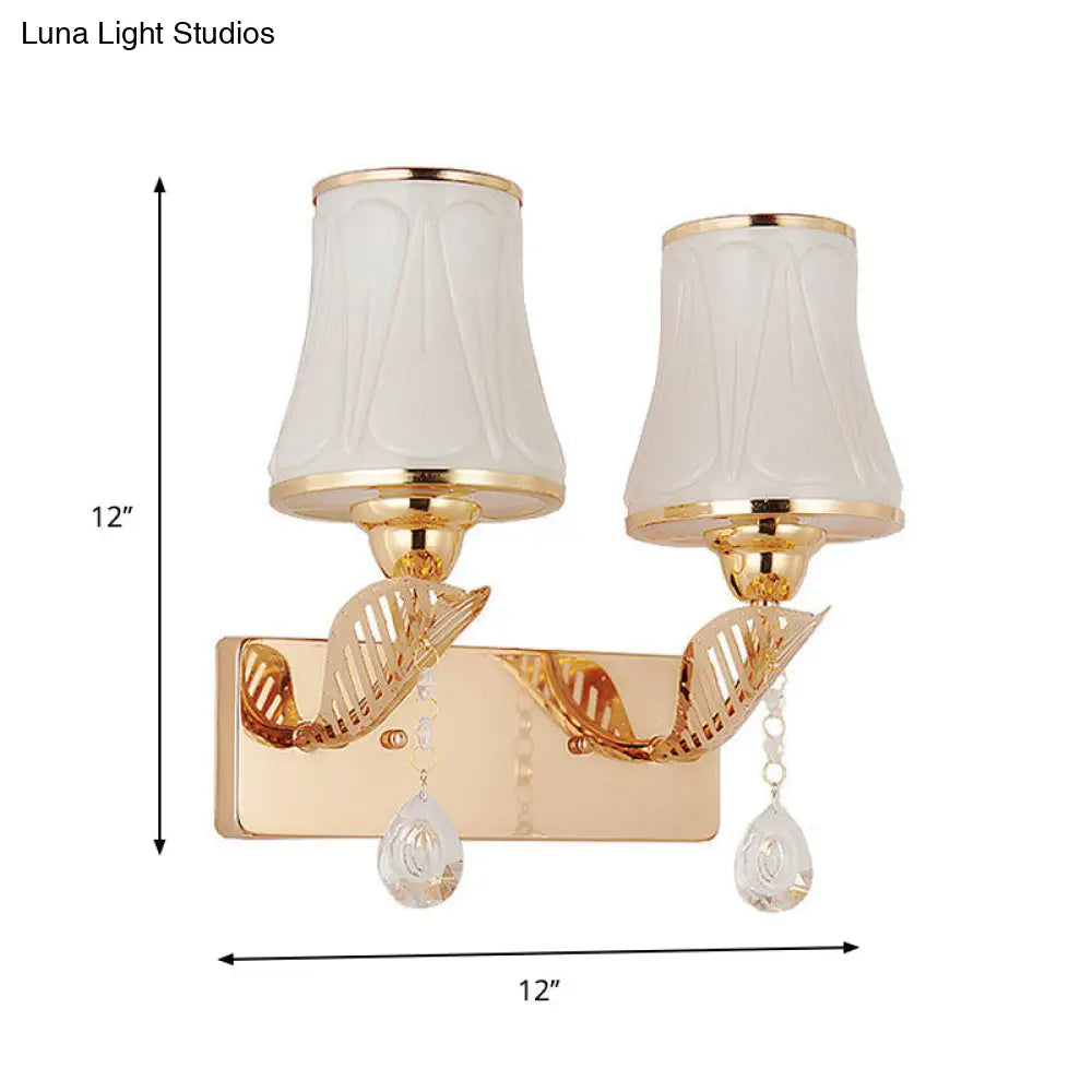 DecorBites™ Modernist Opal Glass Bell Wall Light with Crystal Drop - Gold Finish, 2-Head Wall Mounted Lighting