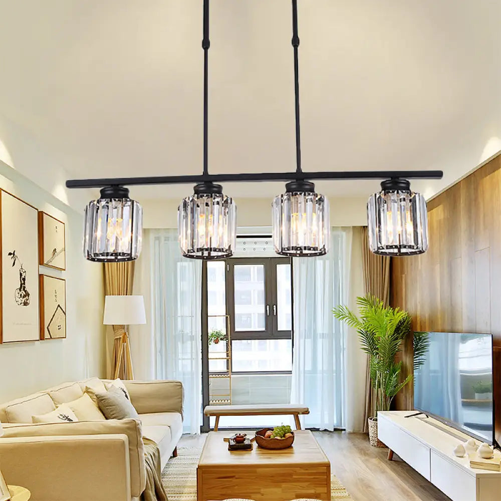 DecorBites™ Nordic Black Crystal Ceiling Light for Living Room - Cylinder Island Pendant with 3/4 Bulbs