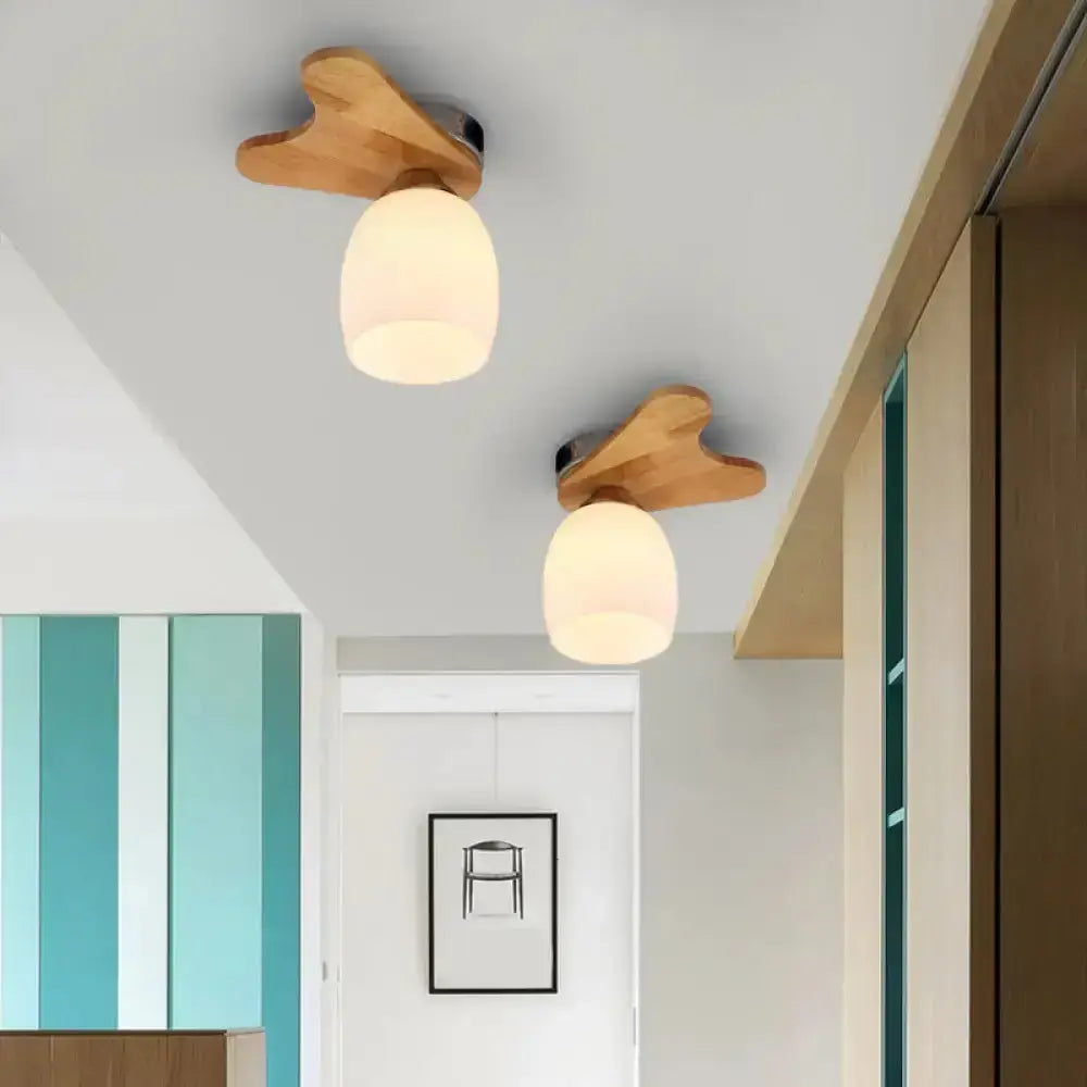 DecorBites™ Nordic Cream Glass Bell Flush Ceiling Light with Antler Top and Wood Accents