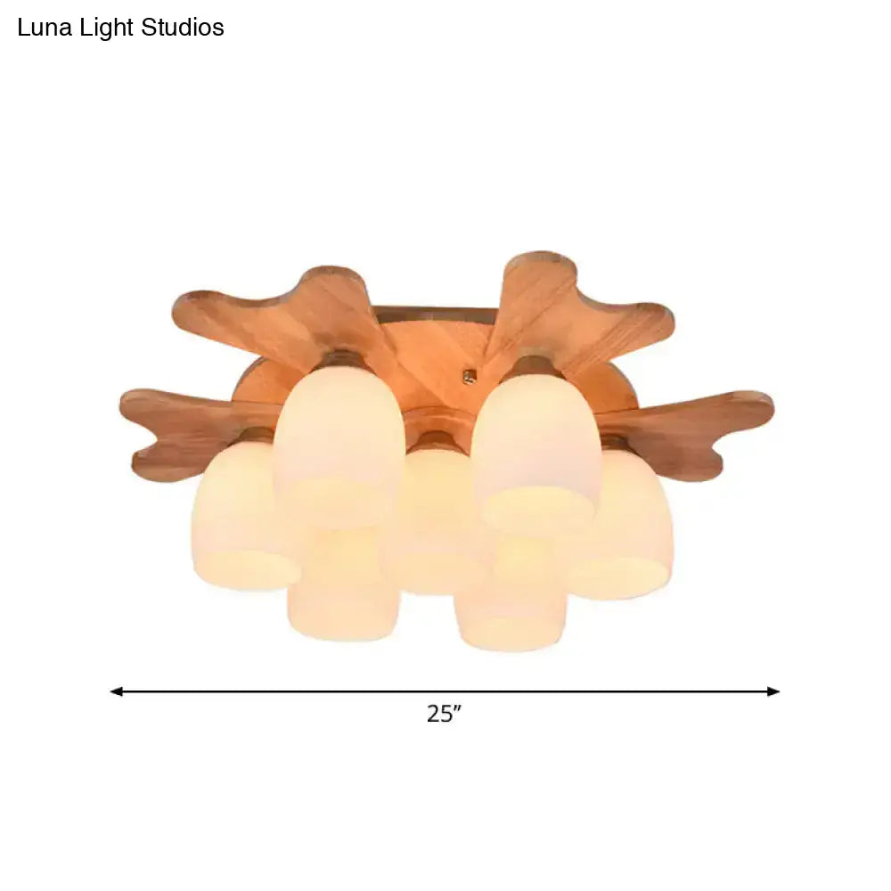 DecorBites™ Nordic Cream Glass Bell Flush Ceiling Light with Antler Top and Wood Accents