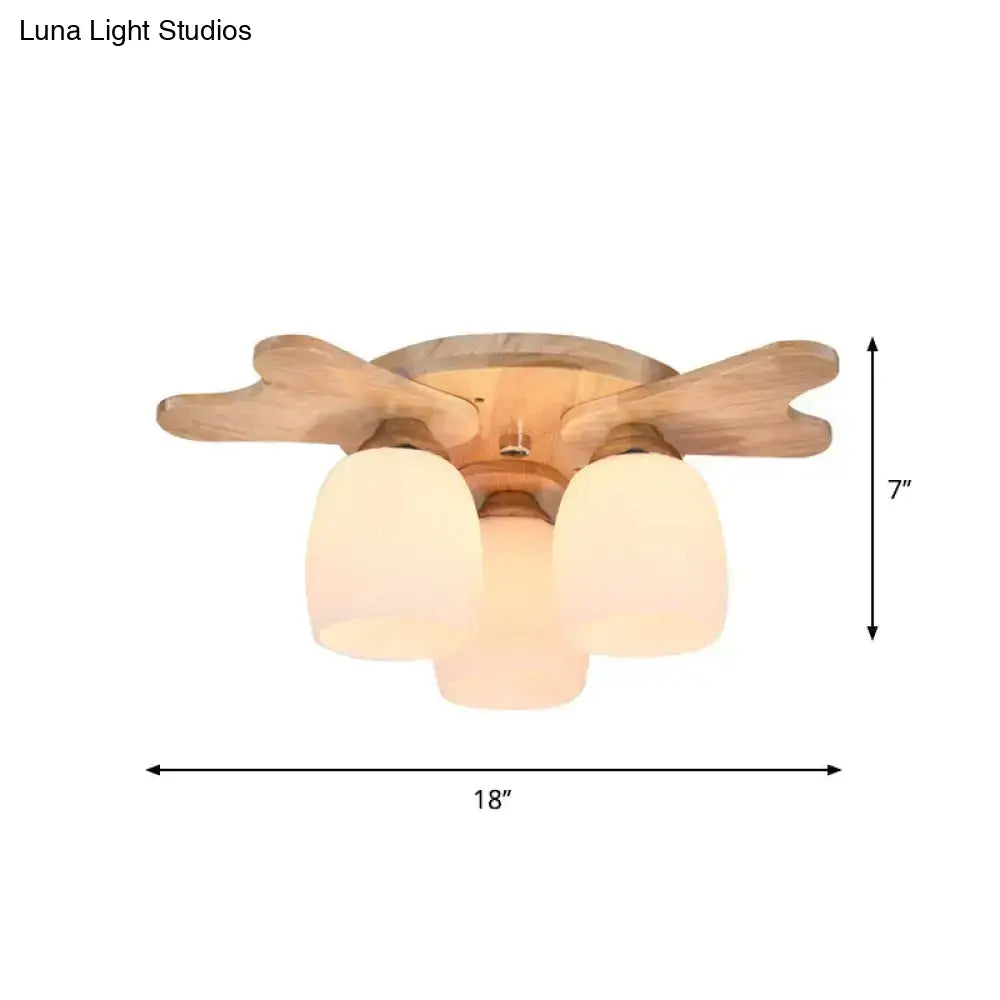 DecorBites™ Nordic Cream Glass Bell Flush Ceiling Light with Antler Top and Wood Accents