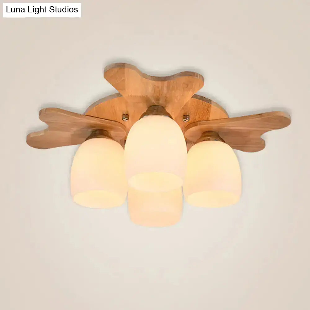 DecorBites™ Nordic Cream Glass Bell Flush Ceiling Light with Antler Top and Wood Accents