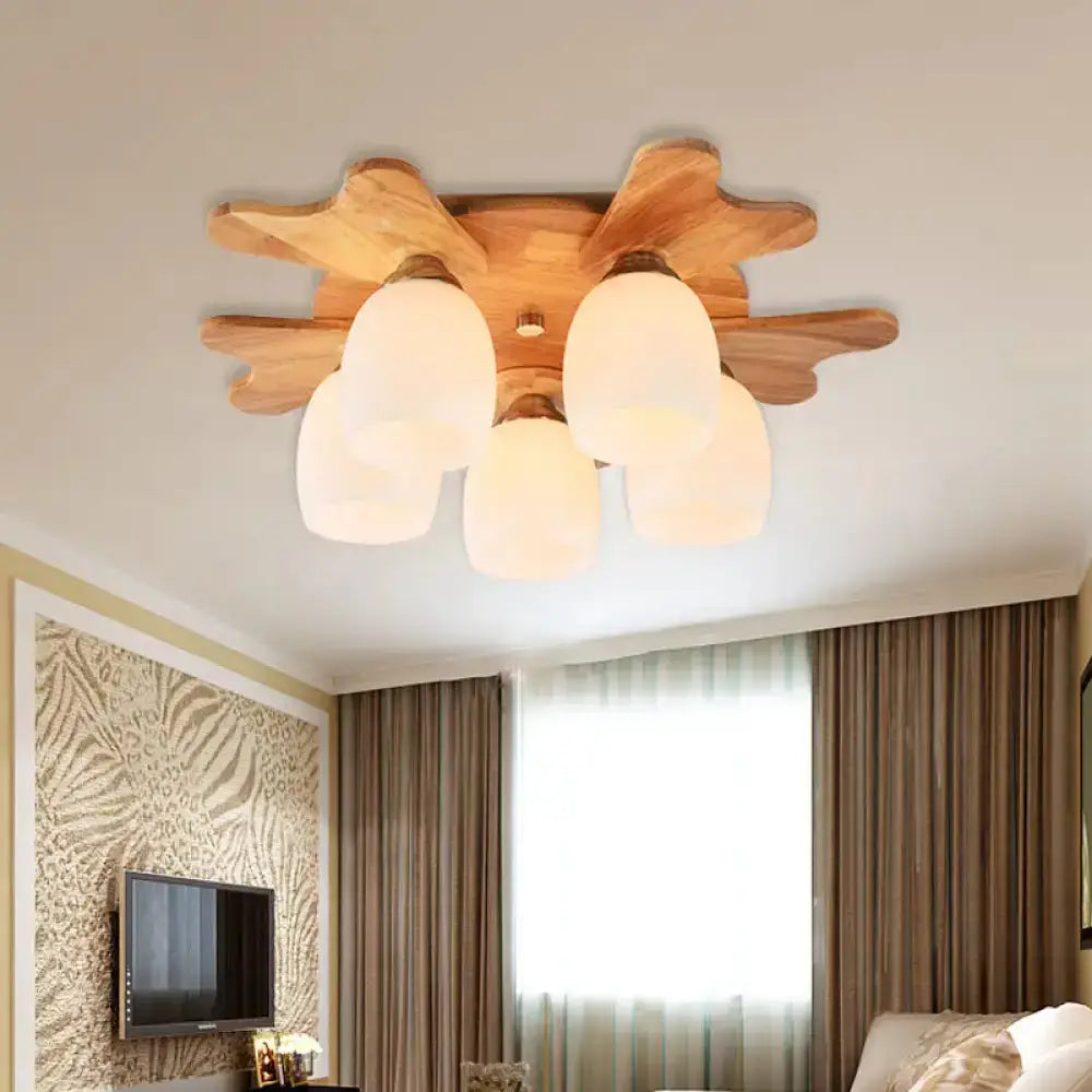 DecorBites™ Nordic Cream Glass Bell Flush Ceiling Light with Antler Top and Wood Accents