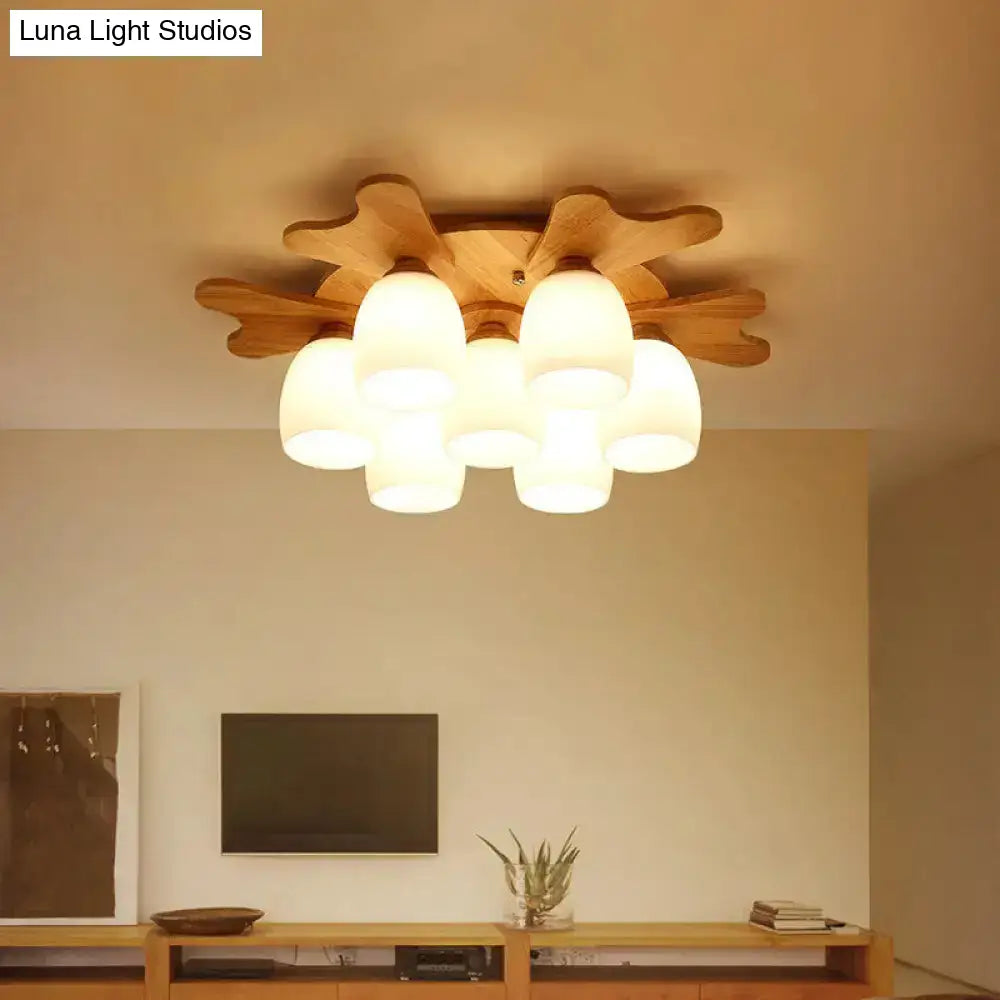 DecorBites™ Nordic Cream Glass Bell Flush Ceiling Light with Antler Top and Wood Accents