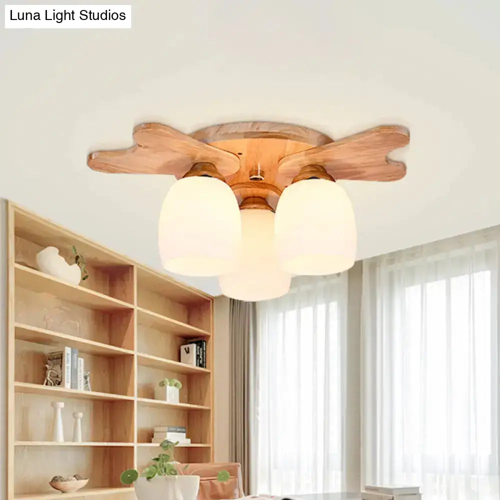DecorBites™ Nordic Cream Glass Bell Flush Ceiling Light with Antler Top and Wood Accents