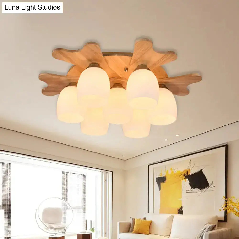 DecorBites™ Nordic Cream Glass Bell Flush Ceiling Light with Antler Top and Wood Accents