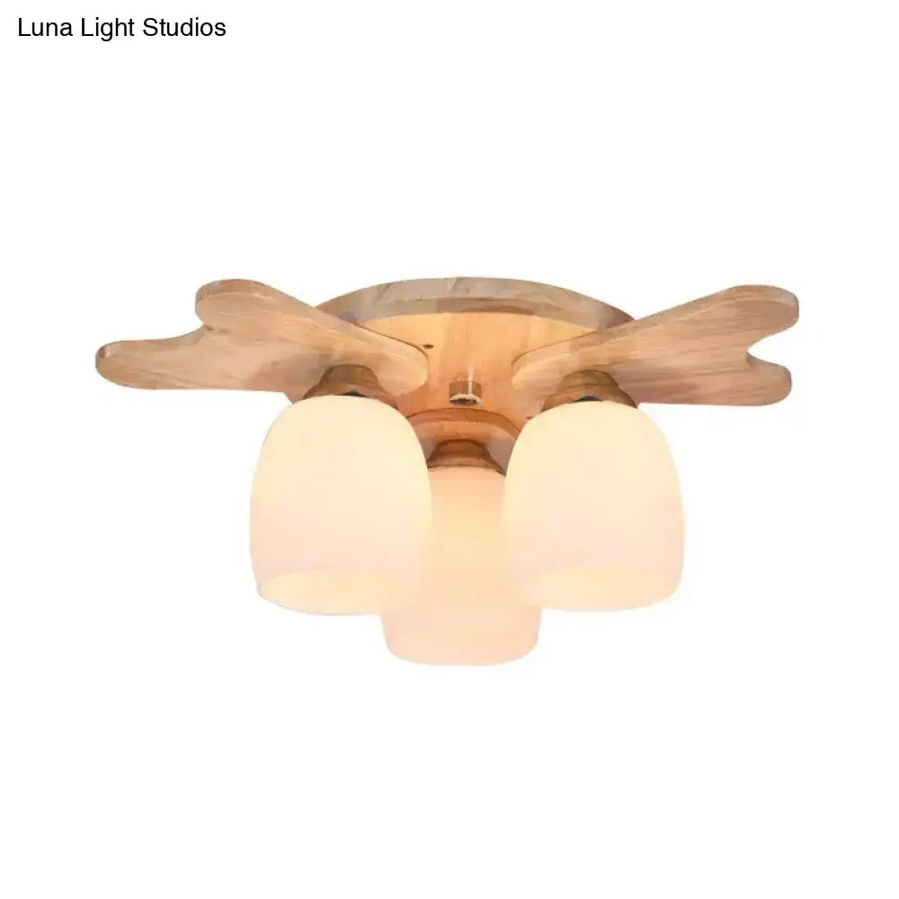 DecorBites™ Nordic Cream Glass Bell Flush Ceiling Light with Antler Top and Wood Accents