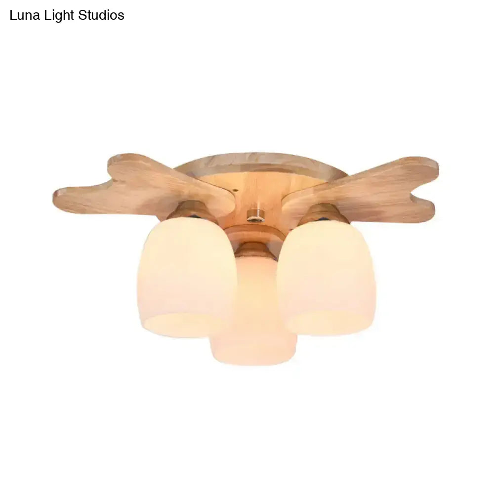 DecorBites™ Nordic Cream Glass Bell Flush Ceiling Light with Antler Top and Wood Accents