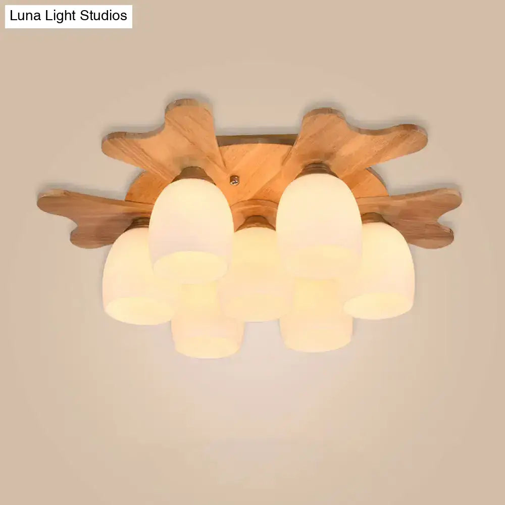 DecorBites™ Nordic Cream Glass Bell Flush Ceiling Light with Antler Top and Wood Accents