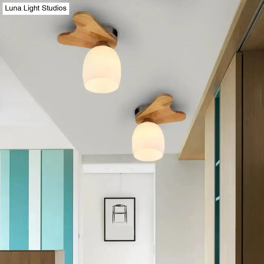 DecorBites™ Nordic Cream Glass Bell Flush Ceiling Light with Antler Top and Wood Accents