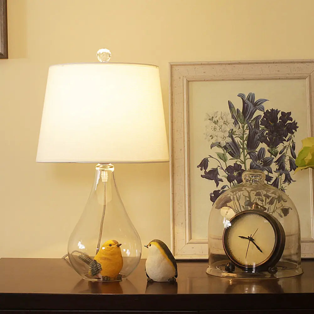 DecorBites™ Nordic Empire Shade Table Lamp with Clear Glass Base - White Fabric - Single Living Room Nightstand Accent