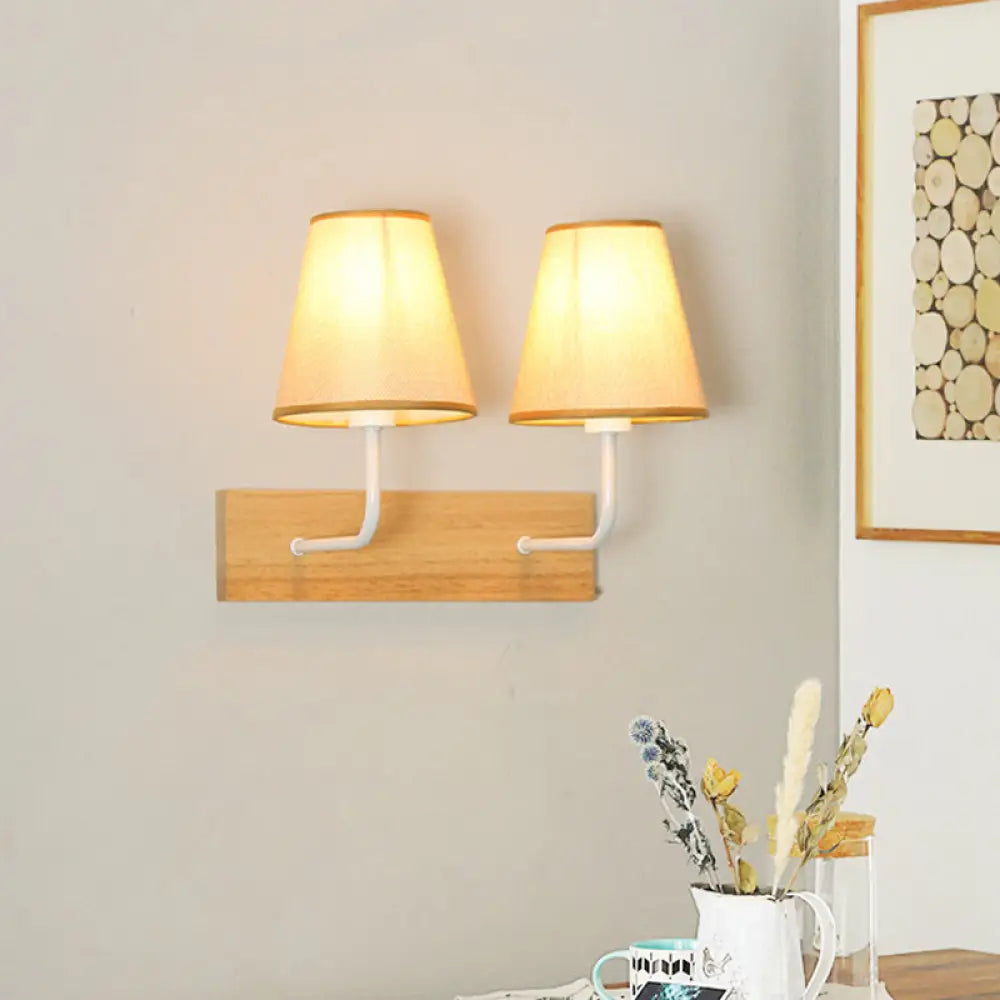 DecorBites™ Nordic Flaxen Cone Shade Wall Mounted Light with Wood Backplate - 2 Bulbs Sconce Fixture