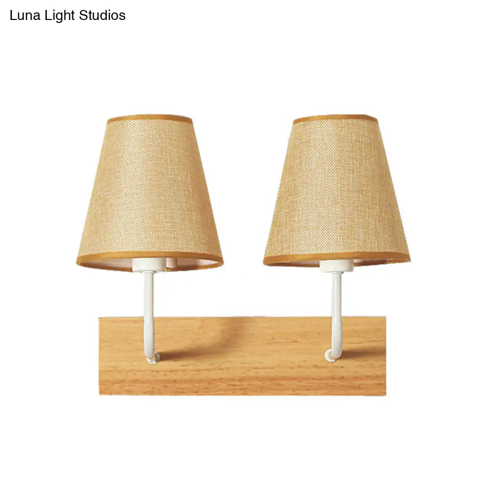 DecorBites™ Nordic Flaxen Cone Shade Wall Mounted Light with Wood Backplate - 2 Bulbs Sconce Fixture