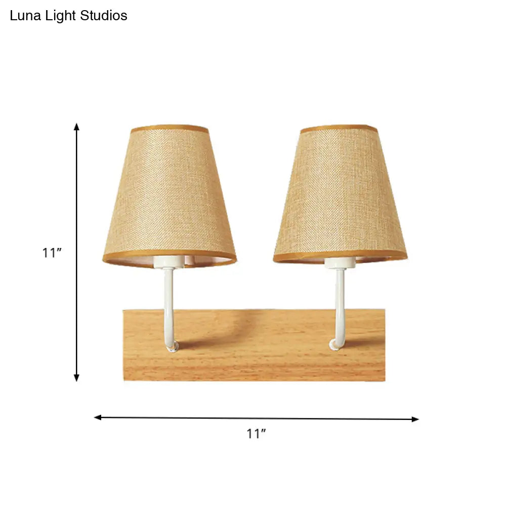 DecorBites™ Nordic Flaxen Cone Shade Wall Mounted Light with Wood Backplate - 2 Bulbs Sconce Fixture