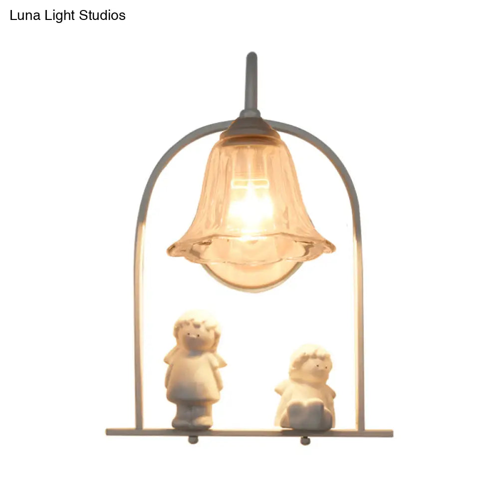 DecorBites™ Nordic Iron Pendant Light with Flower Glass Shade - White Arched Frame, 1 Head, and Resin Angel Deco