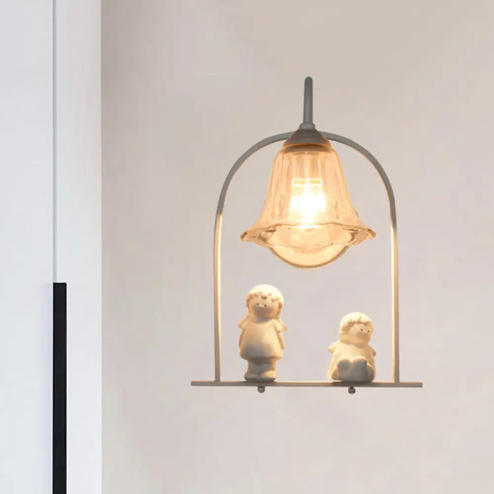 DecorBites™ Nordic Iron Pendant Light with Flower Glass Shade - White Arched Frame, 1 Head, and Resin Angel Deco