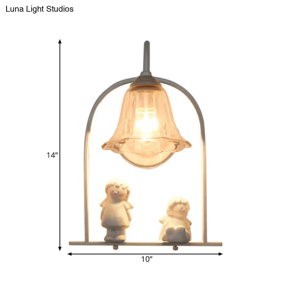 DecorBites™ Nordic Iron Pendant Light with Flower Glass Shade - White Arched Frame, 1 Head, and Resin Angel Deco