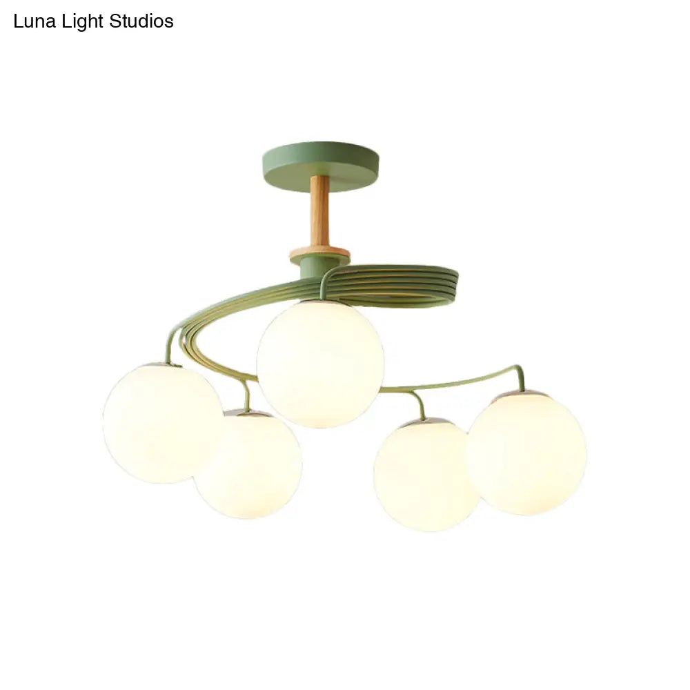 DecorBites™ Nordic Iron Swirl Flush Chandelier with 5 Bulbs, Grey/Green Semi Flush Ceiling Light featuring Orb Glass Shade and Wood Downrod
