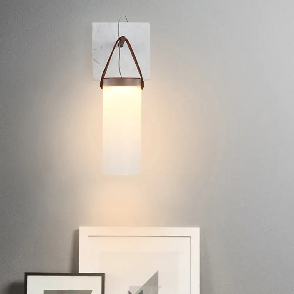 DecorBites™ Nordic LED Cylinder Wall Light – White Glass, Leather Strap