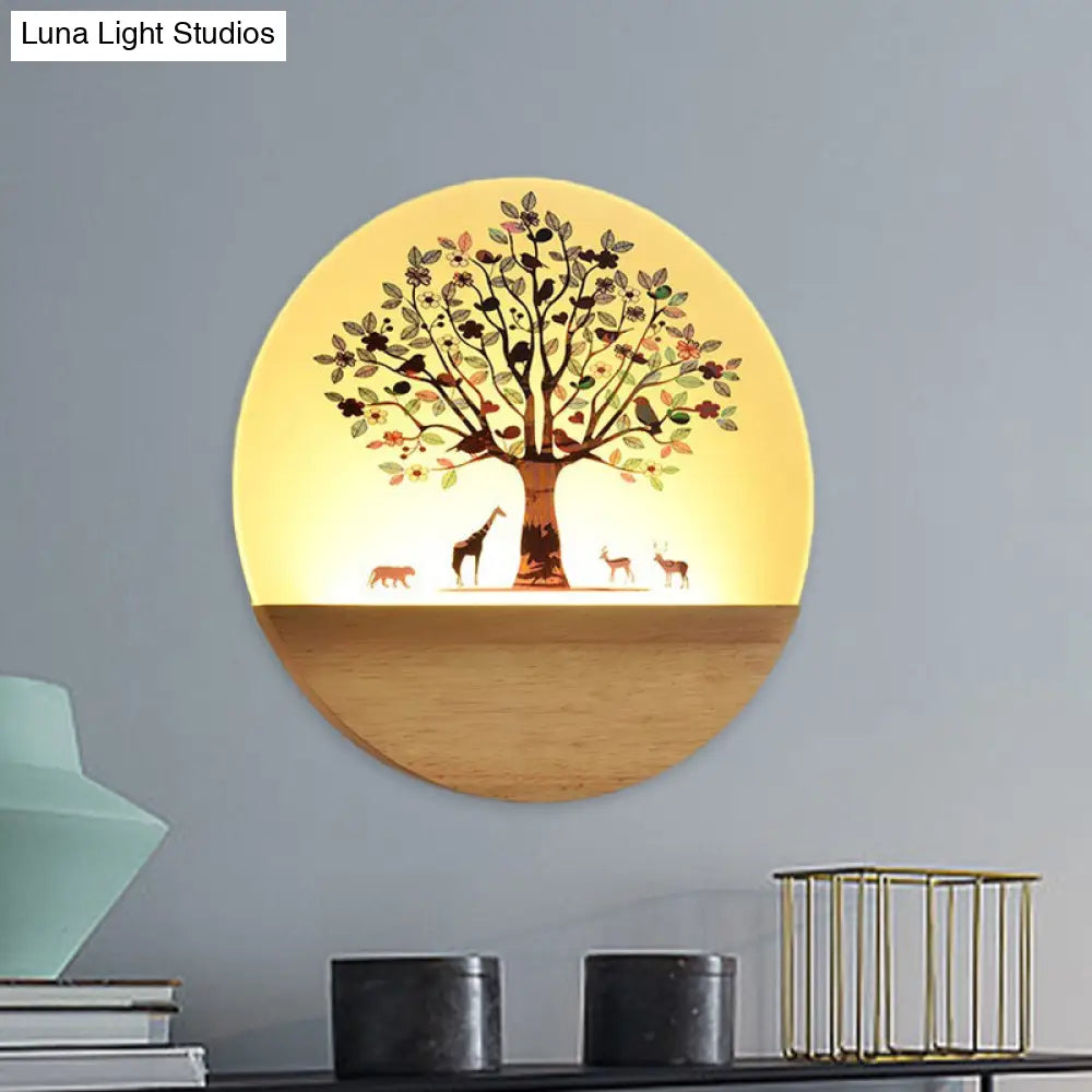 DecorBites™ Nordic LED Wall Light with Wood Tree and Animal/Flowering Tree Print Design, Acrylic Shade Included