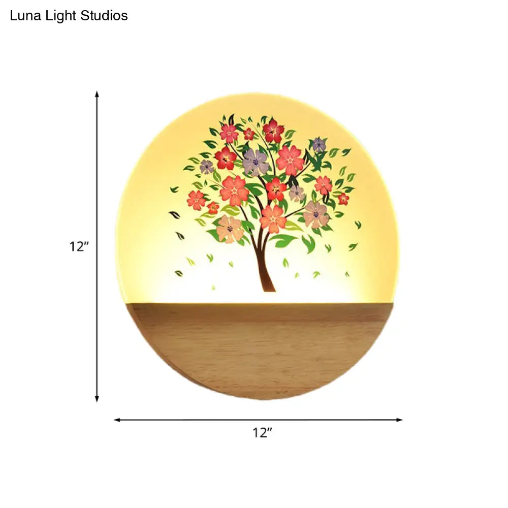 DecorBites™ Nordic LED Wall Light with Wood Tree and Animal/Flowering Tree Print Design, Acrylic Shade Included
