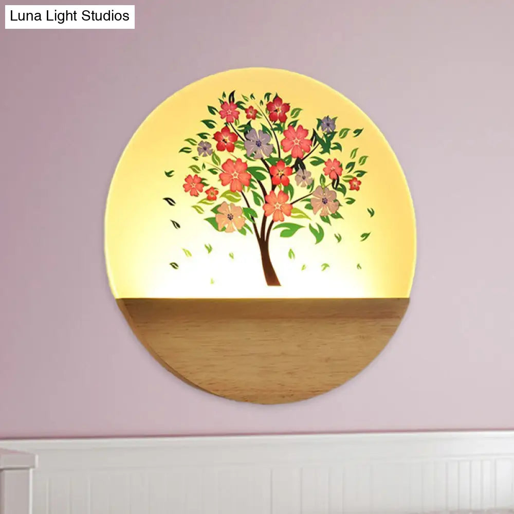 DecorBites™ Nordic LED Wall Light with Wood Tree and Animal/Flowering Tree Print Design, Acrylic Shade Included