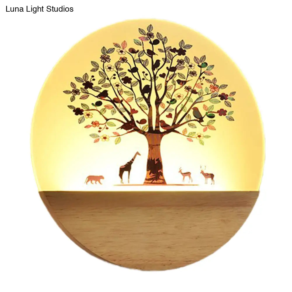 DecorBites™ Nordic LED Wall Light with Wood Tree and Animal/Flowering Tree Print Design, Acrylic Shade Included