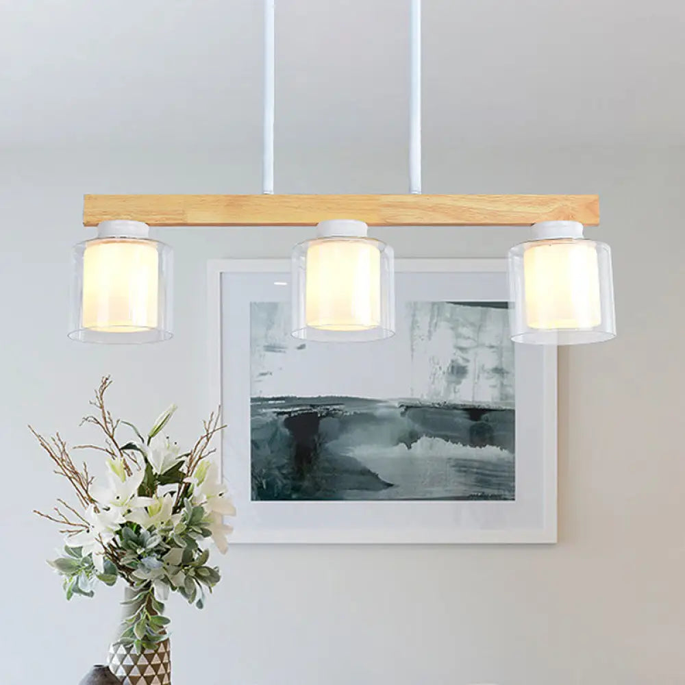 DecorBites™ Nordic Linear Wood Island Light with White Glass Shades - 3/4 Heads - Dining Room Hanging Lamp