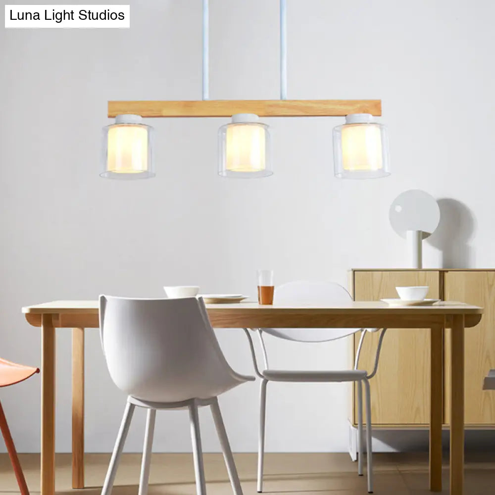 DecorBites™ Nordic Linear Wood Island Light with White Glass Shades - 3/4 Heads - Dining Room Hanging Lamp
