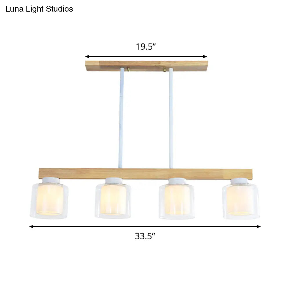 DecorBites™ Nordic Linear Wood Island Light with White Glass Shades - 3/4 Heads - Dining Room Hanging Lamp