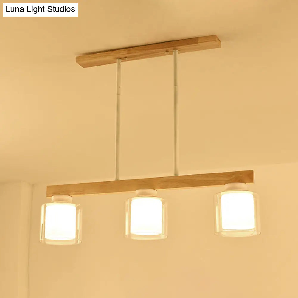 DecorBites™ Nordic Linear Wood Island Light with White Glass Shades - 3/4 Heads - Dining Room Hanging Lamp