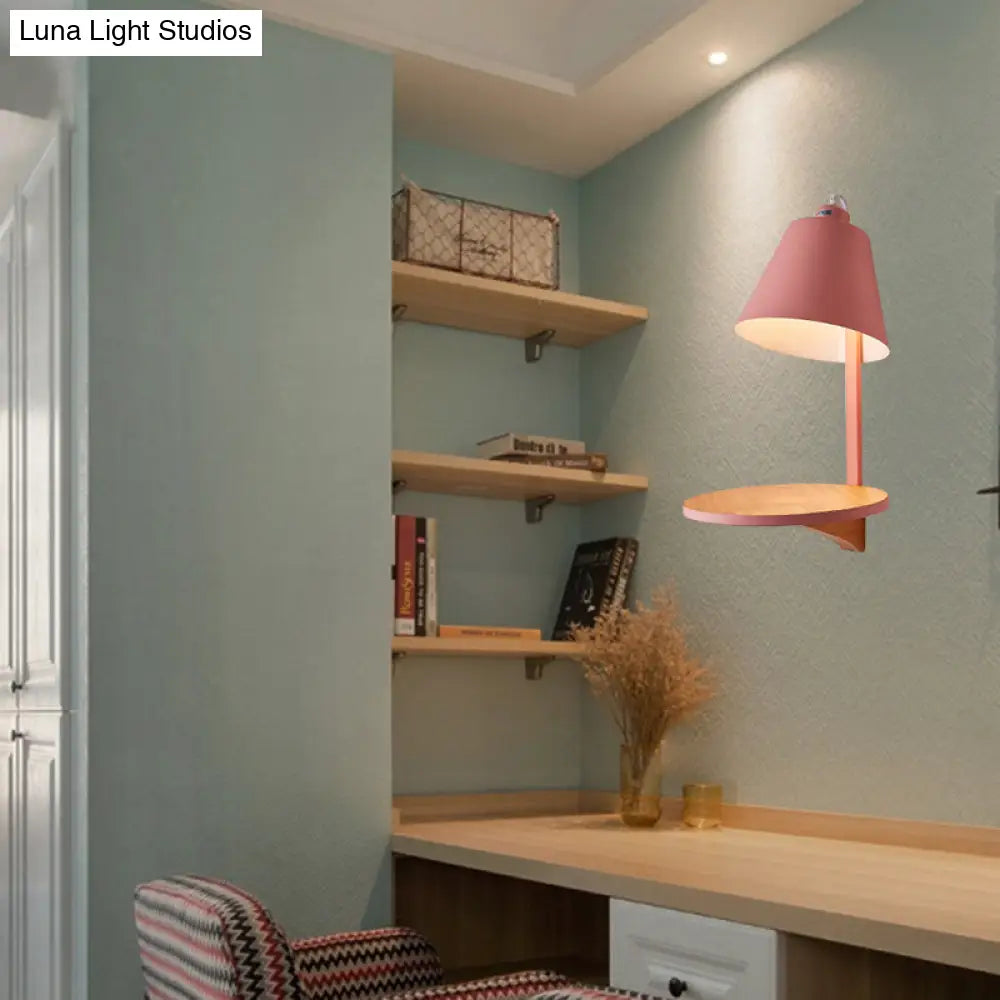 DecorBites™ Nordic Style 1-Light Metal Wall Sconce with Wooden Supporter - White/Gray Tapered Shade