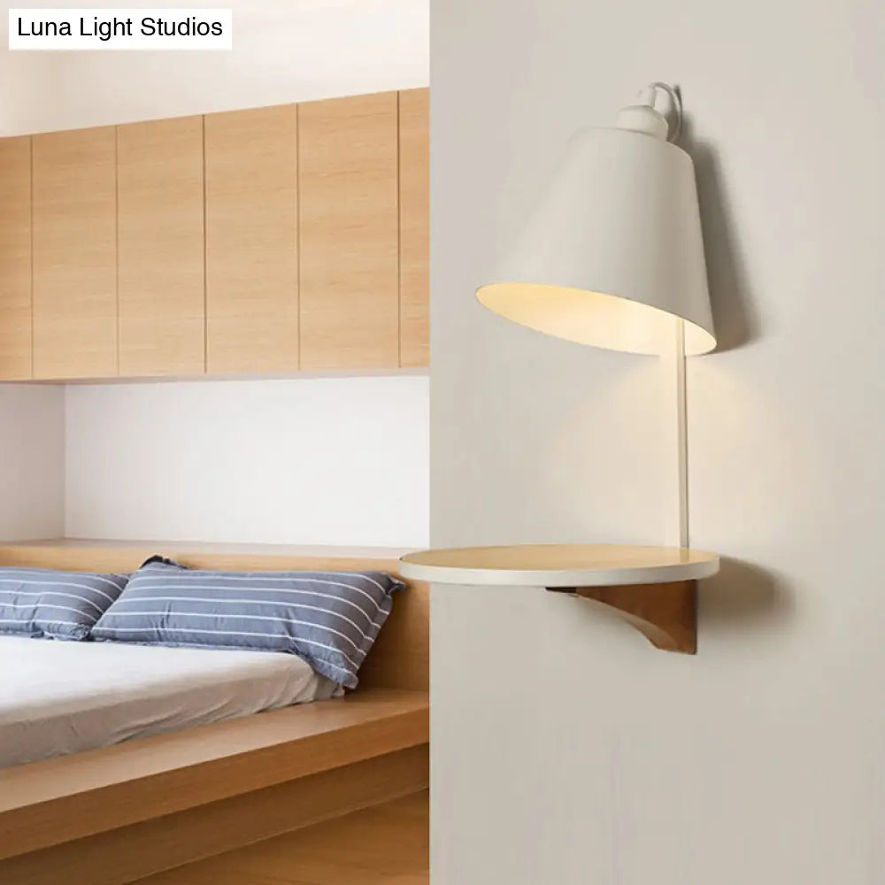 DecorBites™ Nordic Style 1-Light Metal Wall Sconce with Wooden Supporter - White/Gray Tapered Shade
