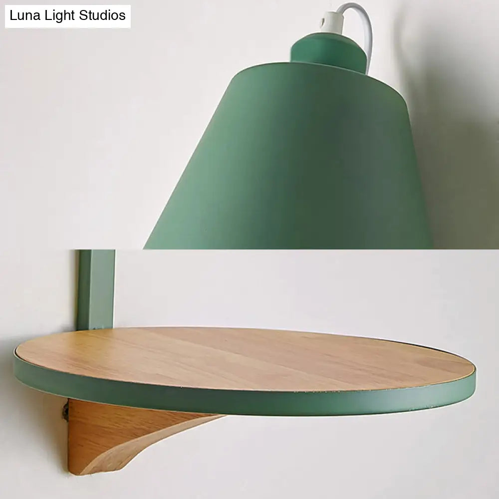 DecorBites™ Nordic Style 1-Light Metal Wall Sconce with Wooden Supporter - White/Gray Tapered Shade